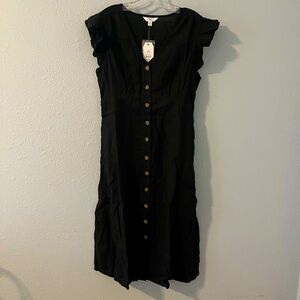 Black linen, midi, button down, flutter sleeve dress. NWT
